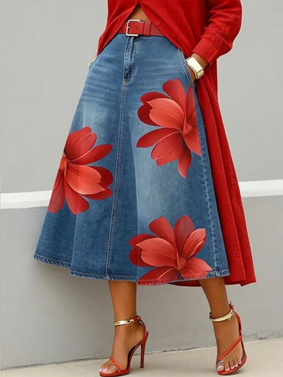 Women's Floral Print A-Line Midi Skirt – Denim-Style Boho Skirt