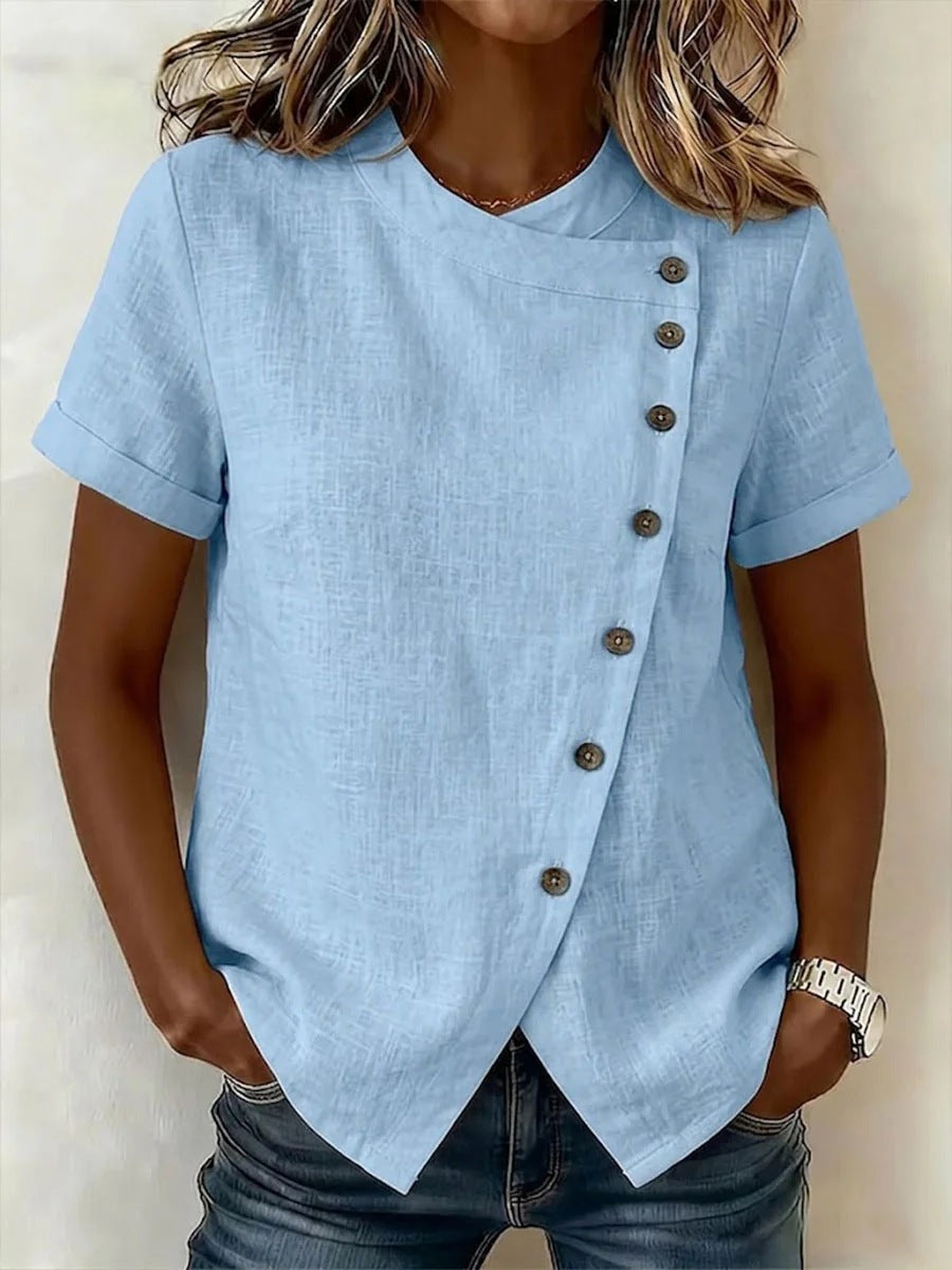 Women's Cross-Neckline Asymmetrical Hem Cotton Linen Top – Loose Fit