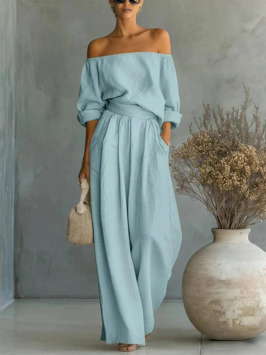 Women's Off-Shoulder Long-Sleeve Top & Wide-Leg Pants Two-Piece Set