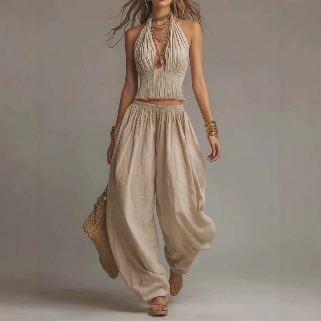 Women's Sleeveless Backless Halter Top & Wide-Leg Pants Set