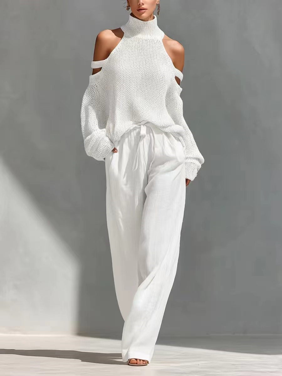 Women's Long-Sleeve Turtleneck Top & Pants Set – Elegant 2-Piece