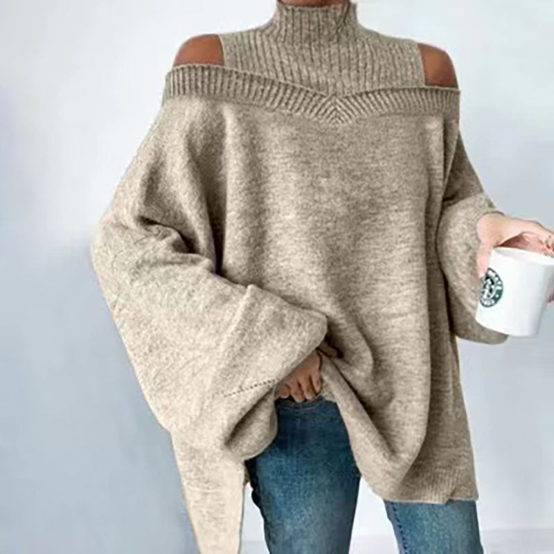 Women’s Elegant Off-Shoulder Turtleneck Sweater — Long Sleeve Knit Top