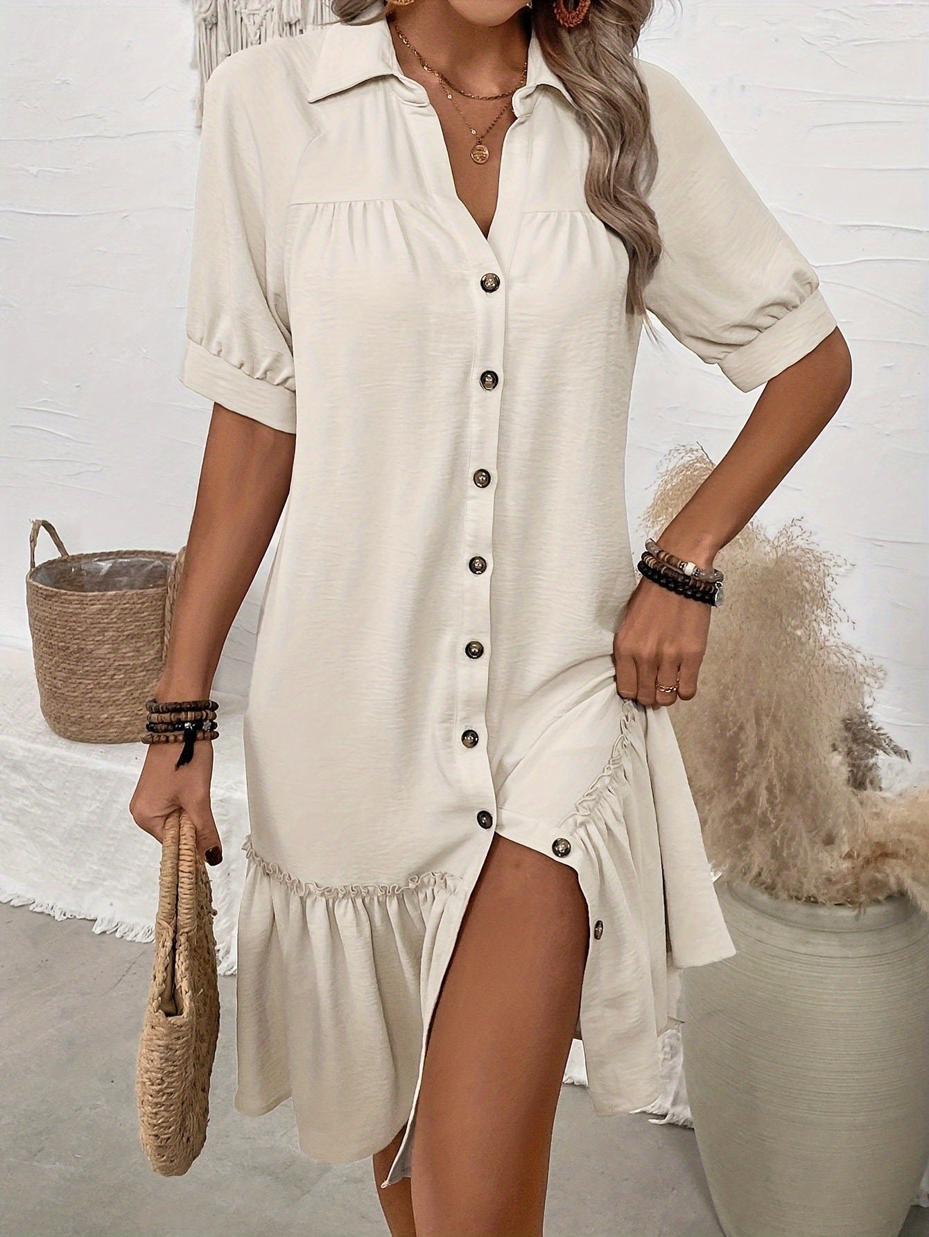 Women's Puff Sleeve Ruffled Hem Mini Dress – Solid Color