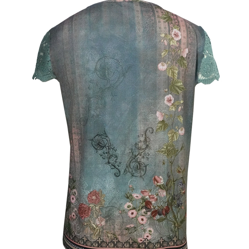 Women’s Floral Lace Sleeve Top – Elegant Short Sleeve Blouse