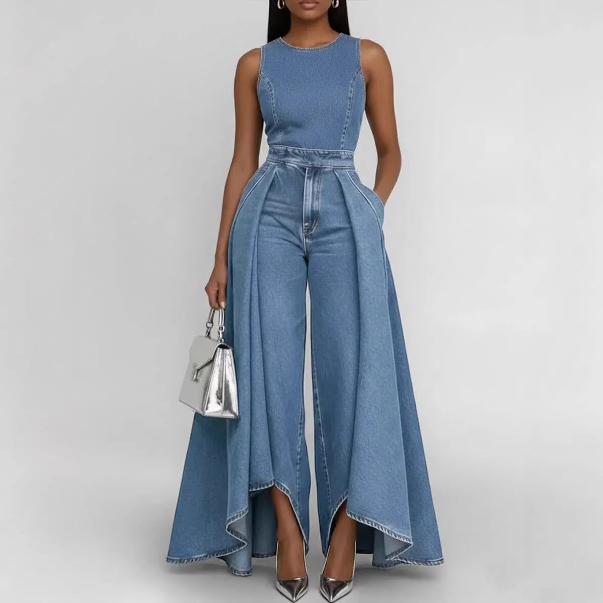Women’s Crew Neck Sleeveless Wide-Leg Denim Jumpsuit