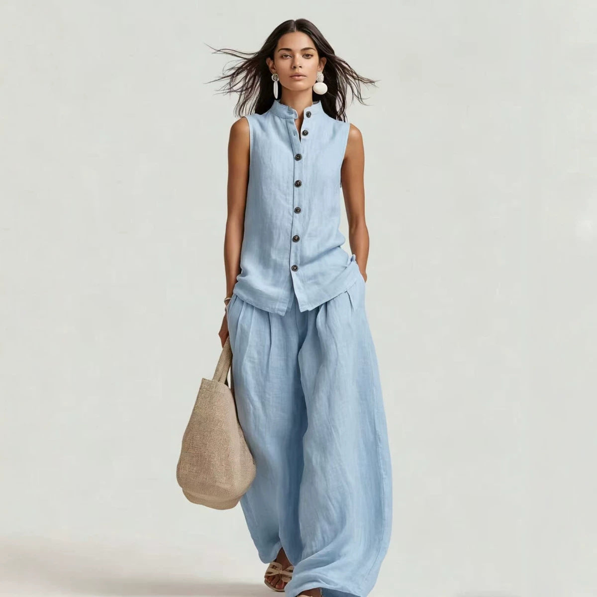 Women's Stand Collar Sleeveless Top & High-Waist Wide-Leg Pants Set