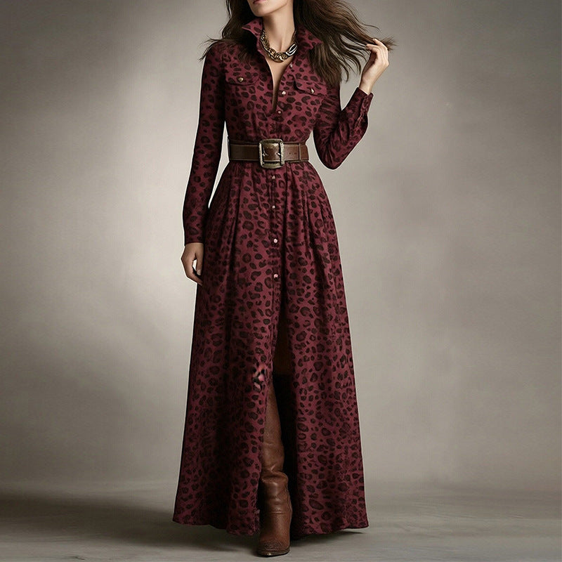 Women's Printed Lapel Slim-Fit Dress – Elegant Commuter Style