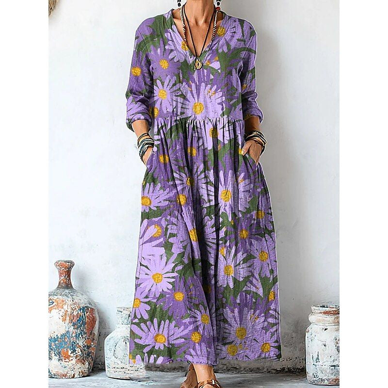 Women's Retro Chic 3D Print V-Neck Long-Sleeve A-Line Dress
