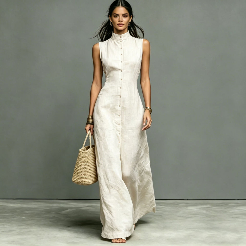 Women's Stand-Collar Single-Breasted Sleeveless Midi Dress