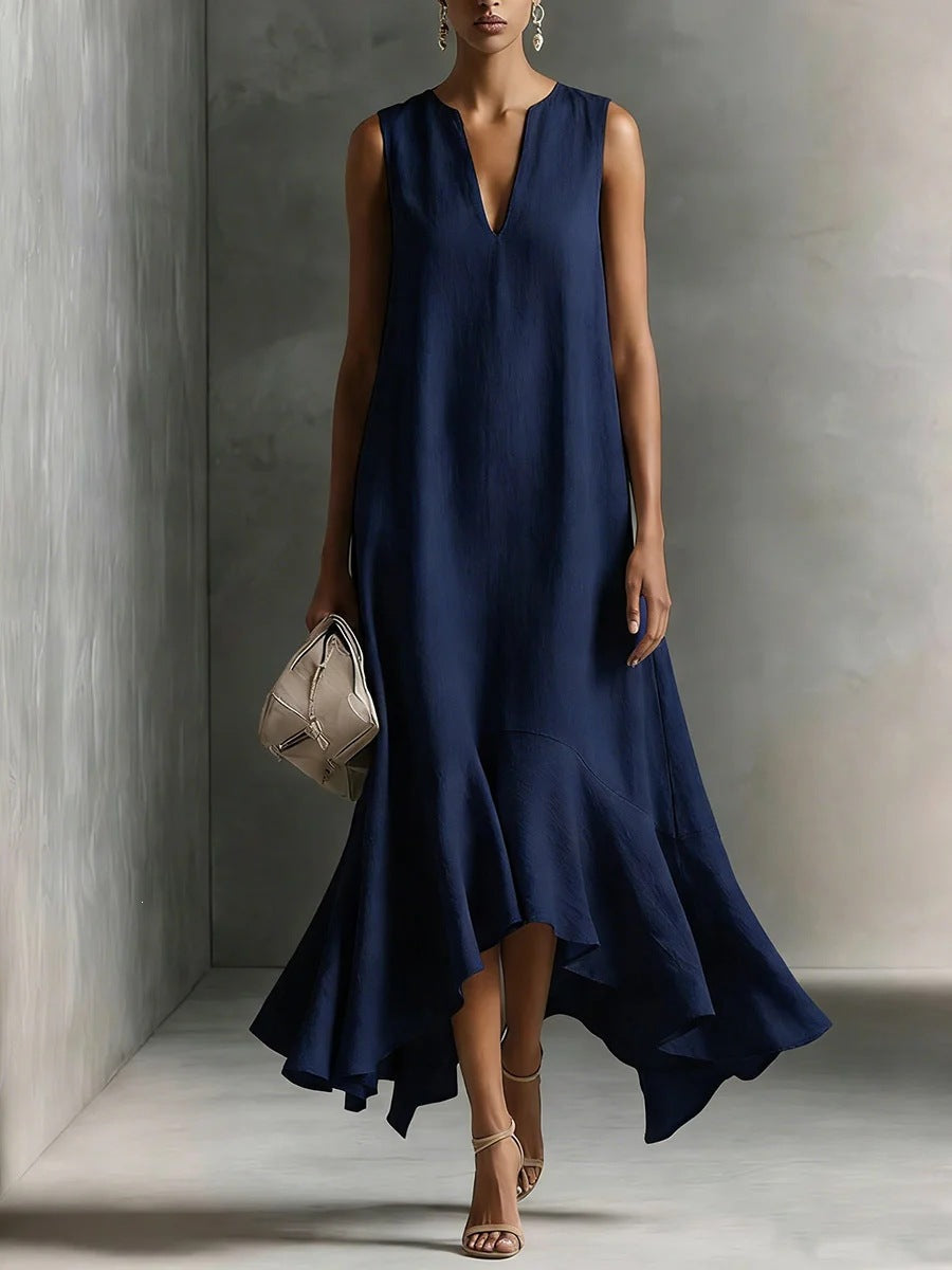 Women's Deep V-Neck Sleeveless Asymmetrical Maxi Dress – Patchwork
