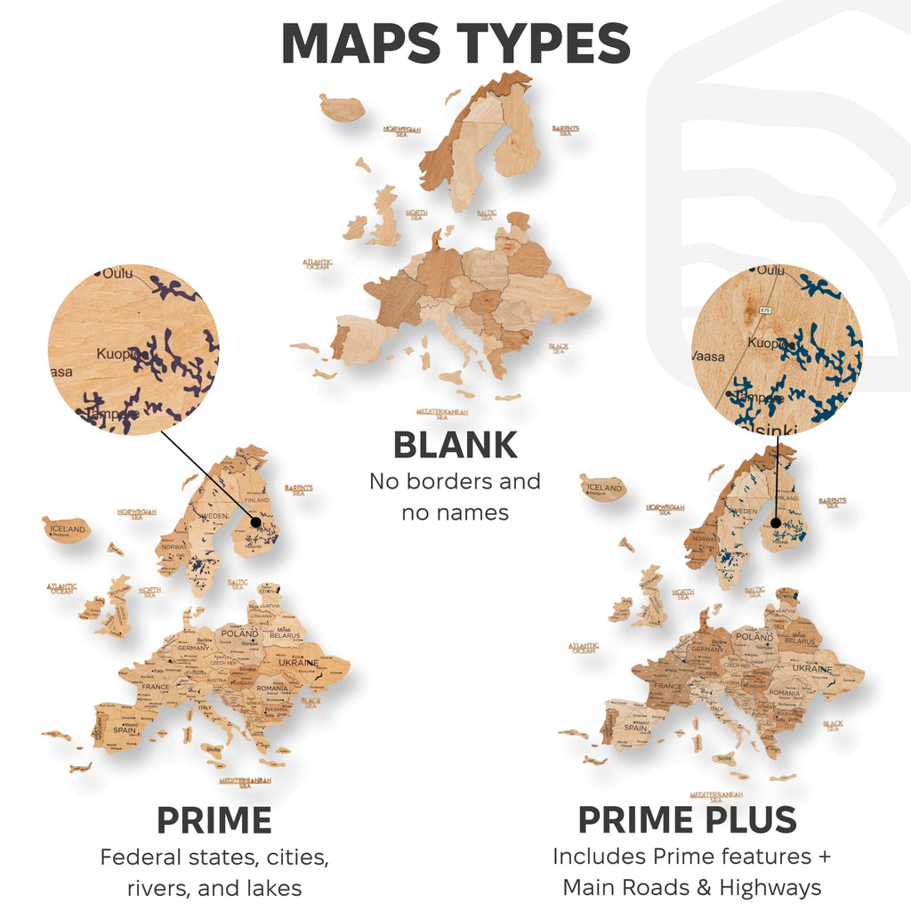 3D Europe Wooden Map Gold