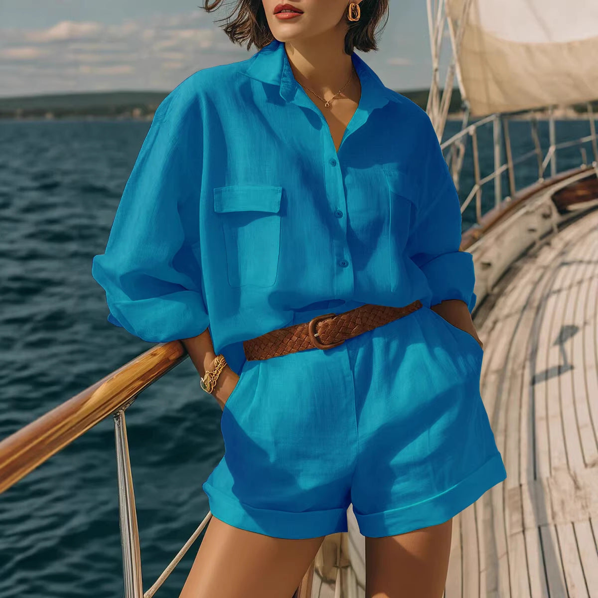 Cotton-Linen Loose-Fit Button-Down Shirt and Shorts Casual Set
