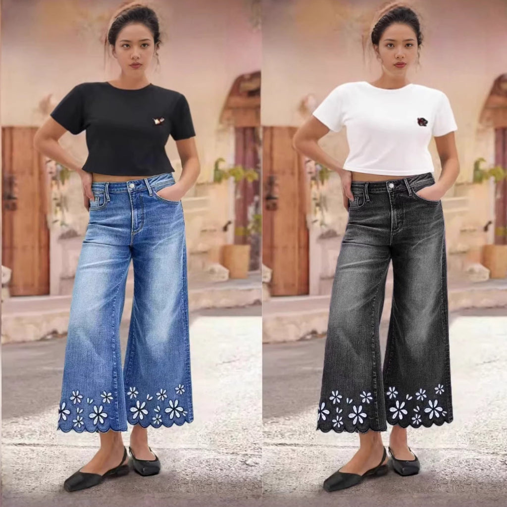 Chrysanthemum Embroidered Cropped Denim Jeans – Women's Loose Straight-Leg