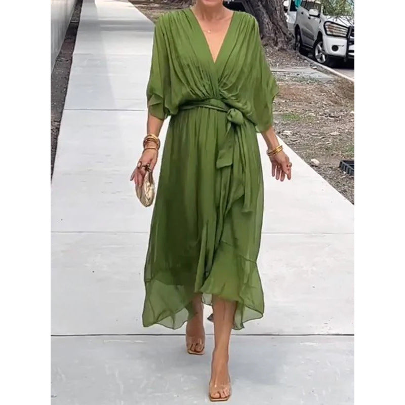 Batwing Sleeve V-Neck Midi Dress – Tied Irregular Hem Fairy Dress