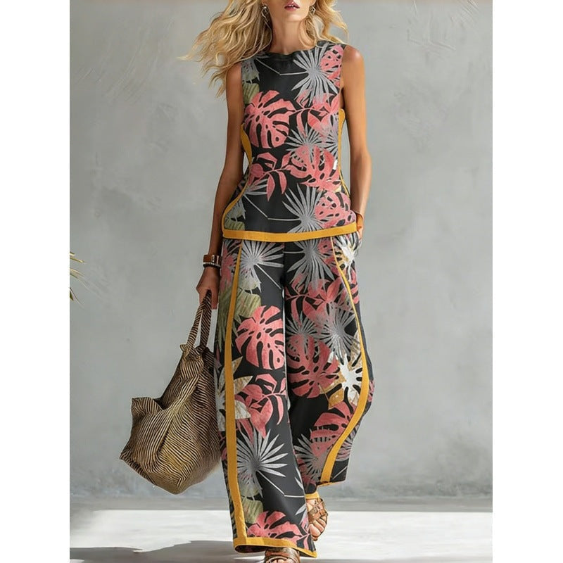 Printed Retro Sleeveless Top & Wide-Leg Pants Set | 12 Prints S–5XL