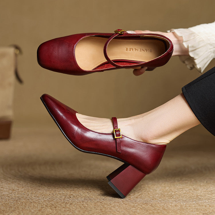 Women's Genuine Leather Mary Jane Block Heel Pumps