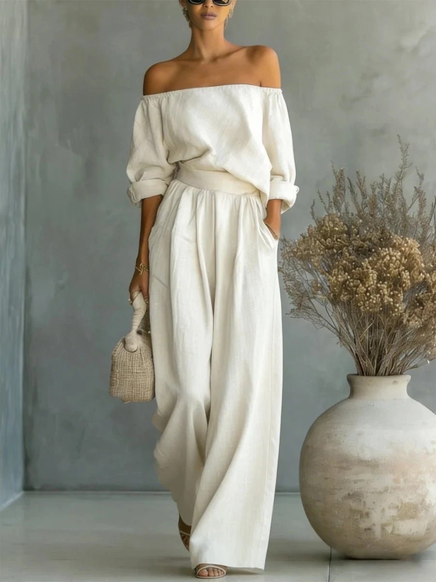Women's Off-Shoulder Long-Sleeve Top & Wide-Leg Pants Two-Piece Set