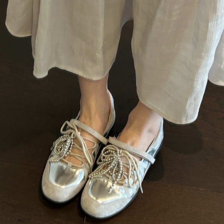 Women's Rhinestone Bow Lace-Up Mary Jane Flats – Cut-Out Cage