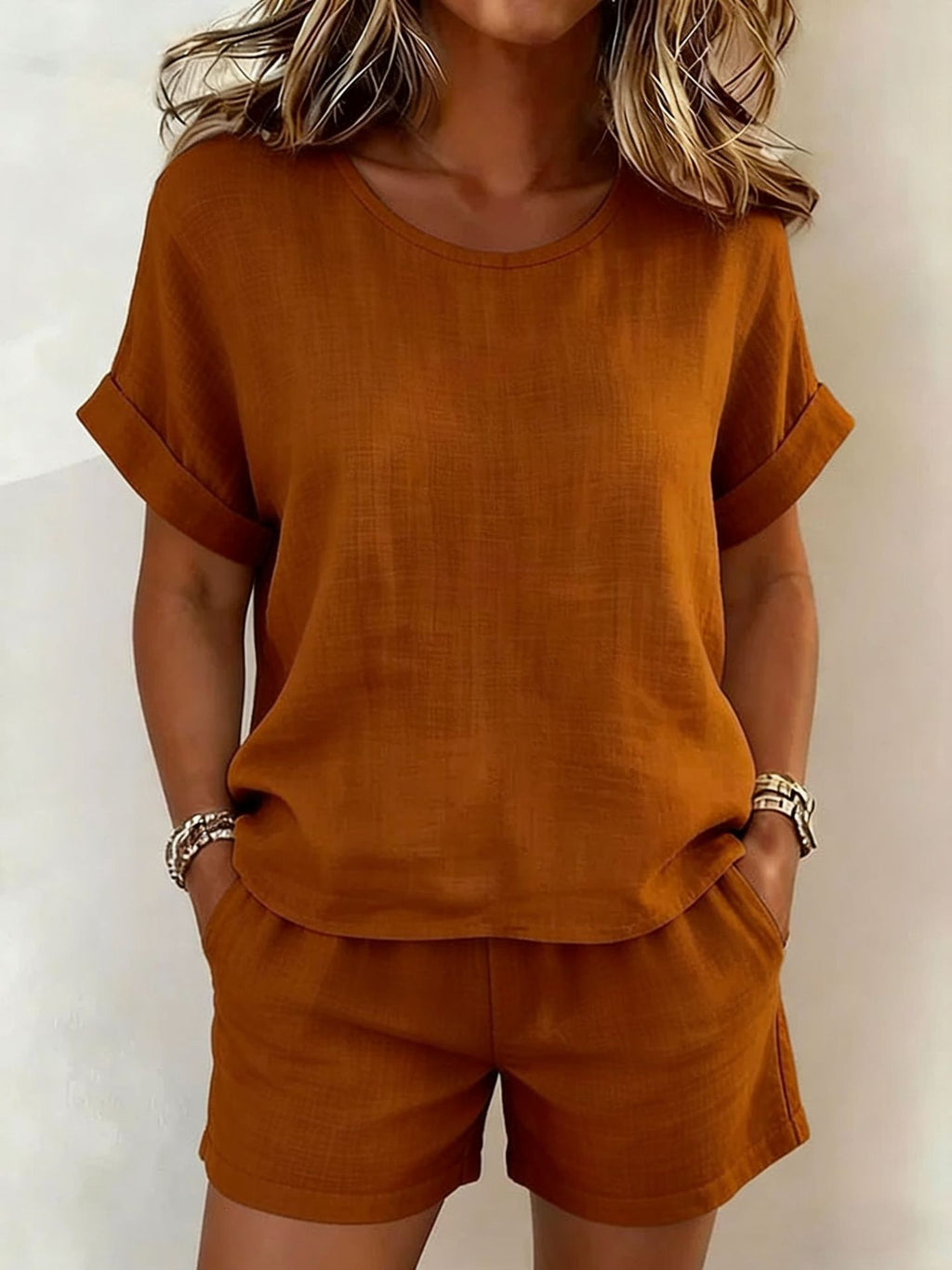 Solid-Color T-Shirt & Shorts Set – Cotton Linen, 10 Colors