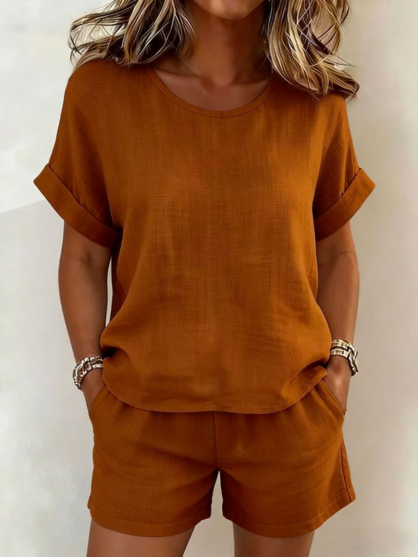 Solid-Color T-Shirt & Shorts Set – Cotton Linen, 10 Colors