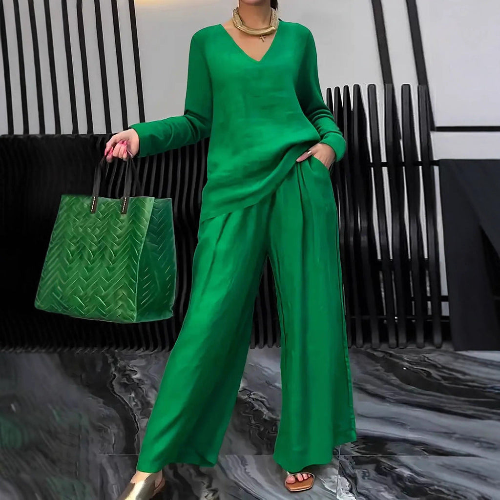 Solid Color Long Sleeve Top & Pants Two-Piece Travel Set