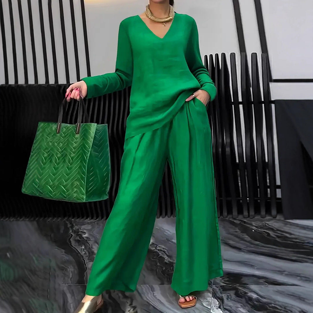 Solid Color Long Sleeve Top & Pants Two-Piece Travel Set