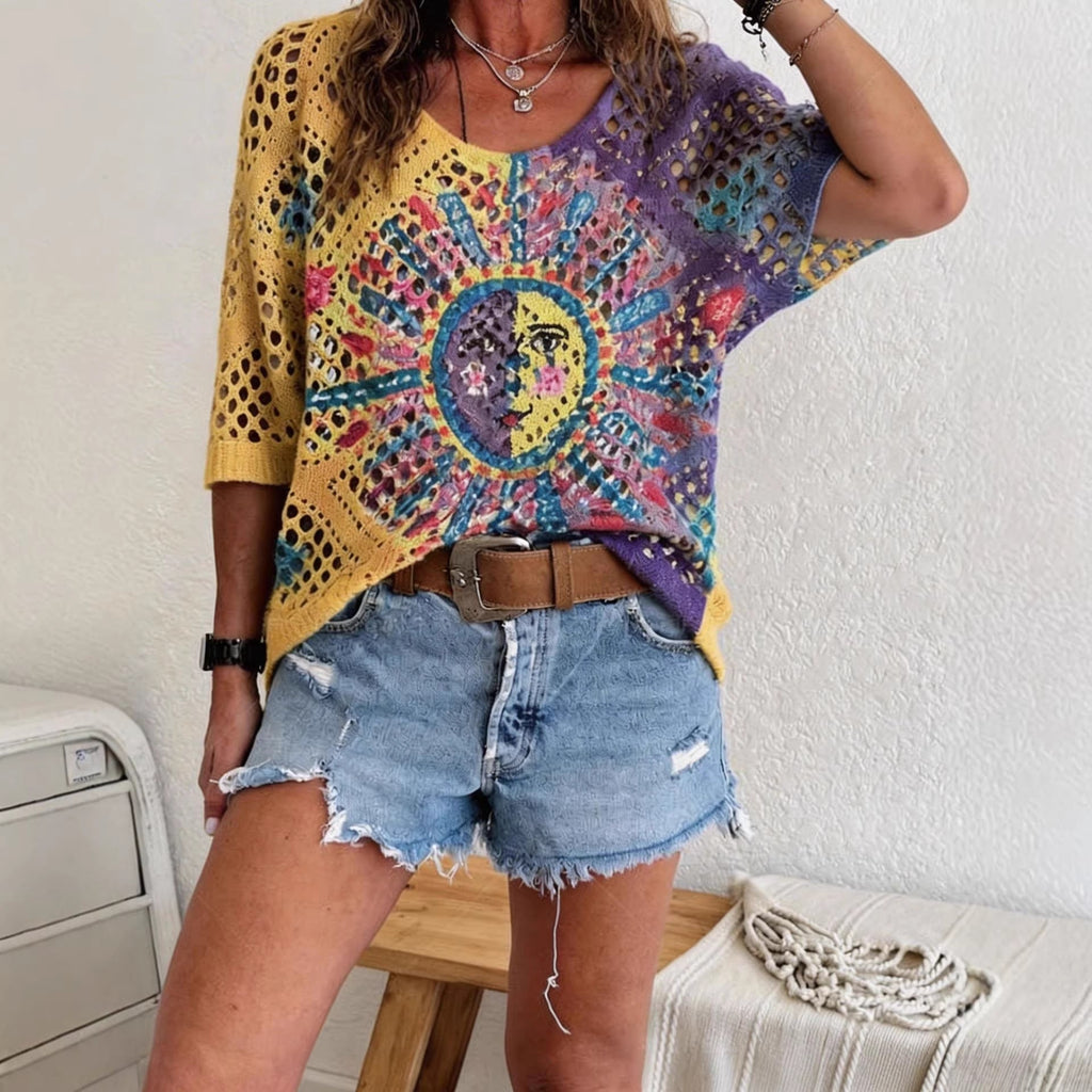 Women's Batwing-Sleeve Sweater – Hollowed-Out 3D Knitted Print Relaxed Fit
