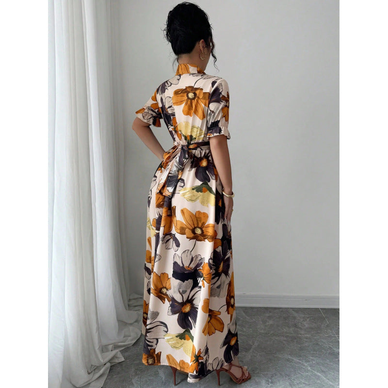 Women’s Printed Puff Sleeve Dress – Blouse Collar Cross-Tie Waist Style