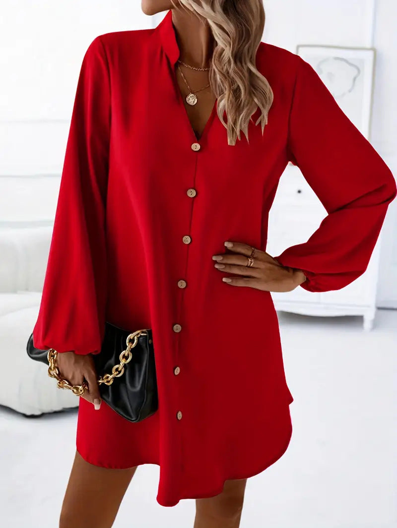 Women's V-Neck Long Sleeve Single-Breasted A-Line Dress