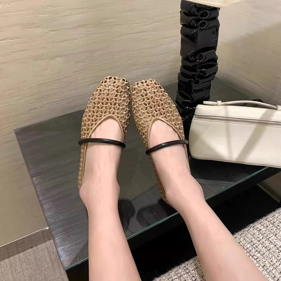 Women's Woven Square Toe Slip-On Pumps – Retro Roman Low Heel