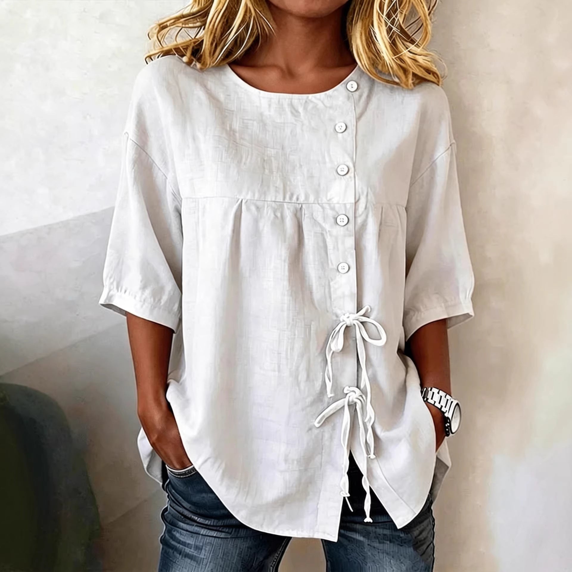 Women's Lace-Up Button Shirt – 3/4 Sleeve Asymmetric