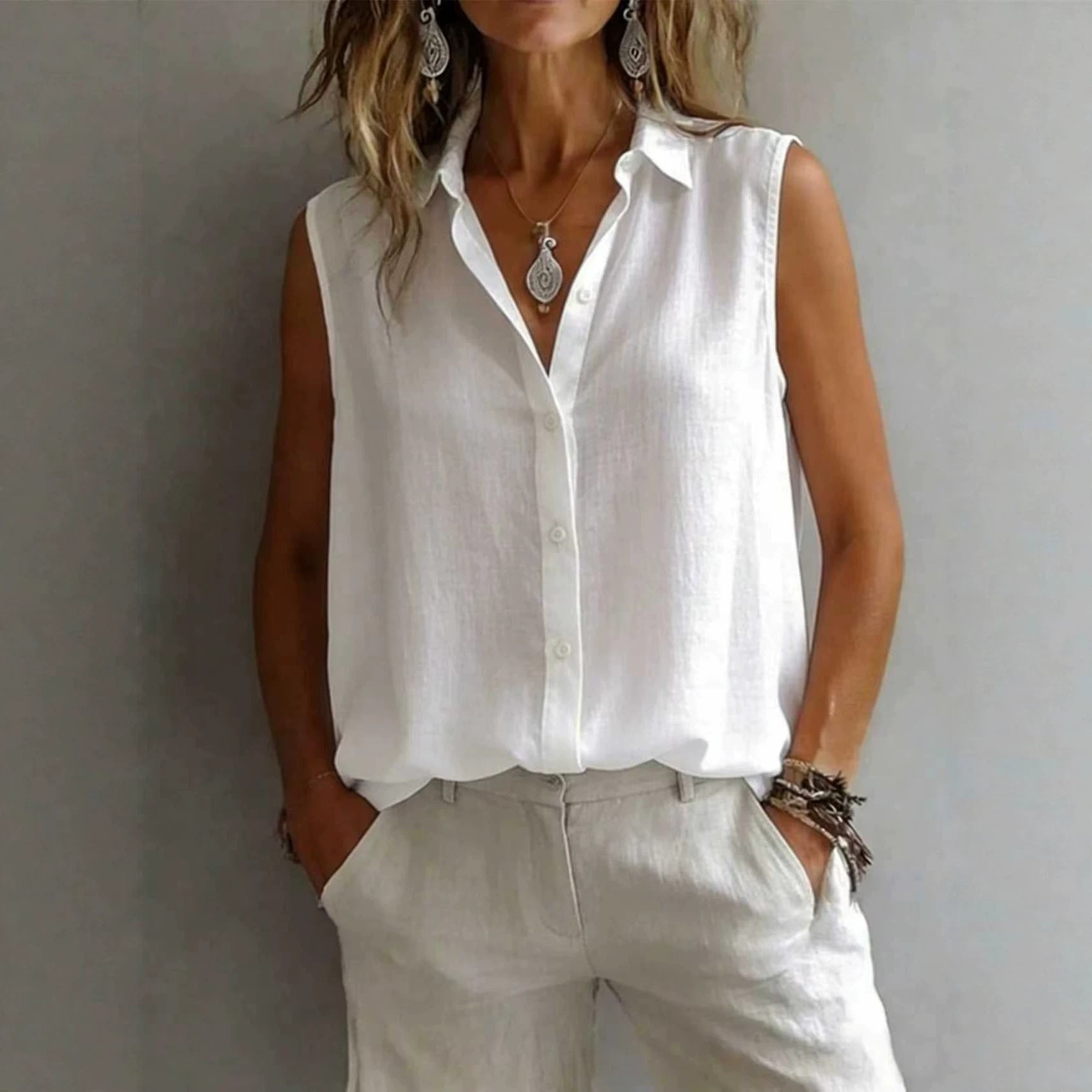 Women's Solid Color Lapel Sleeveless Top