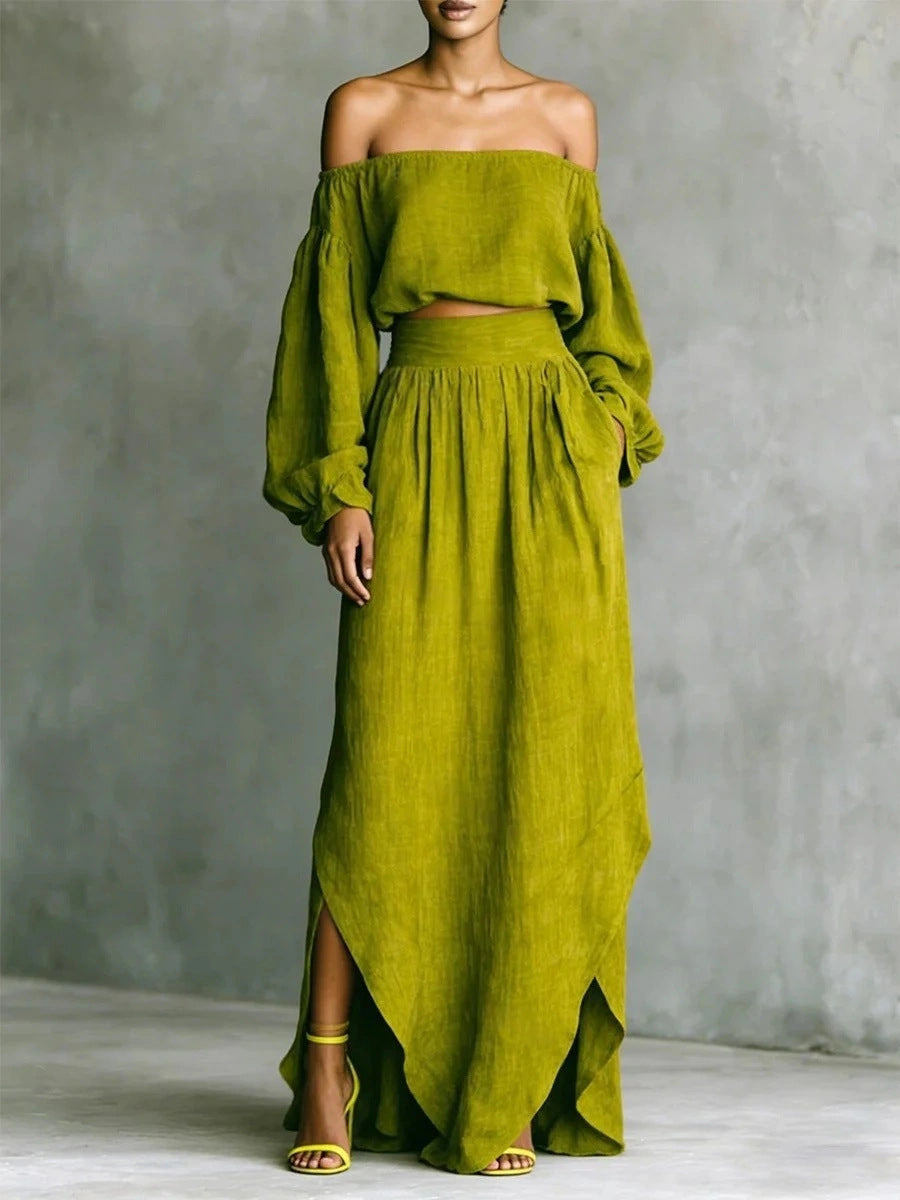 Off-Shoulder Top & Asymmetrical Maxi Skirt Set – Women's 2-Piece Outfit