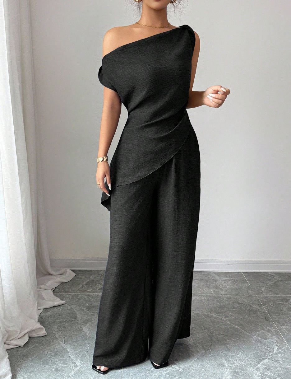 One-Shoulder Asymmetric Top & Wide-Leg Pants 2-Piece Set – Women's Elegant Co-ord Suit
