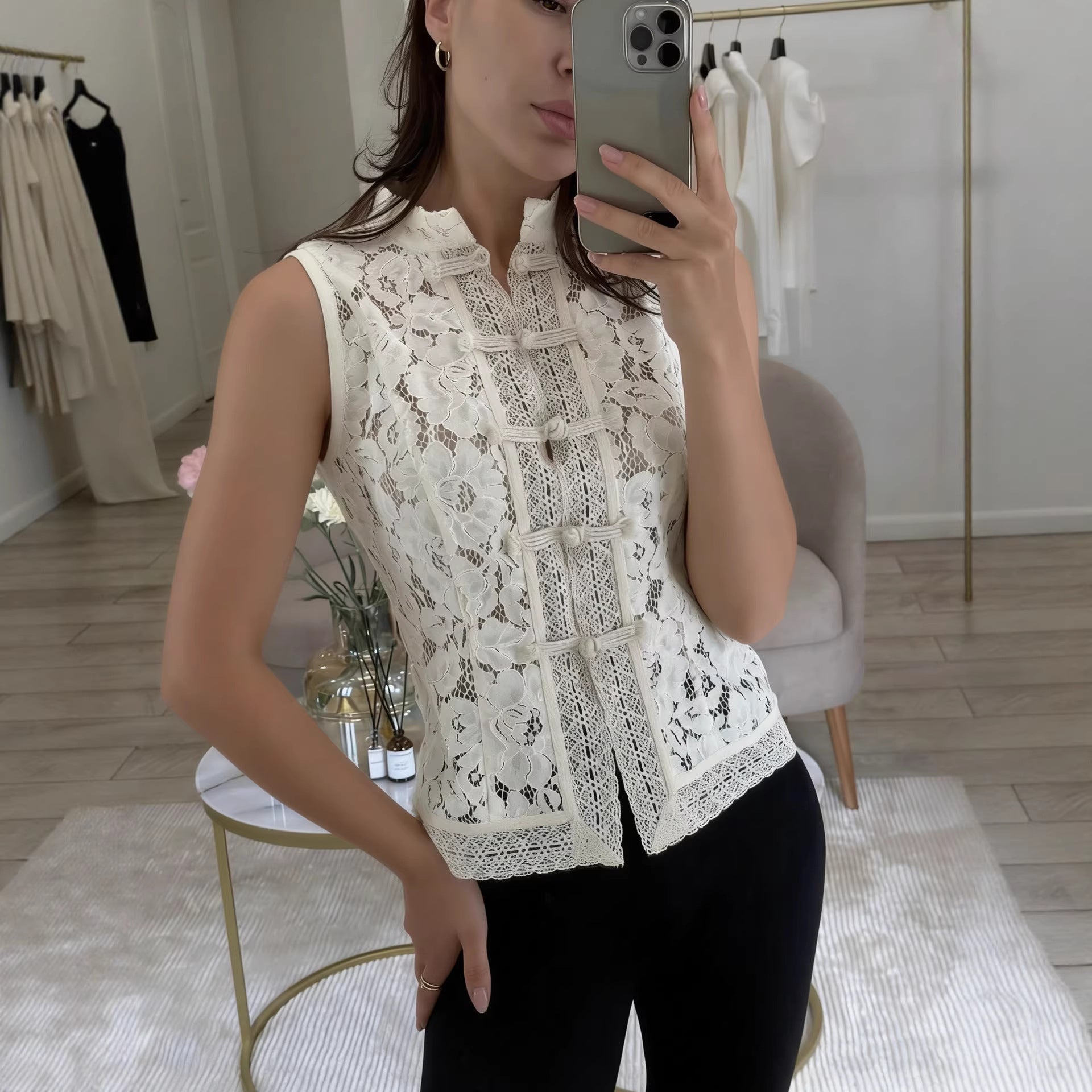 Lace Crochet Stand Collar Slim-Fit Sleeveless Top – 3 Colors, S–L