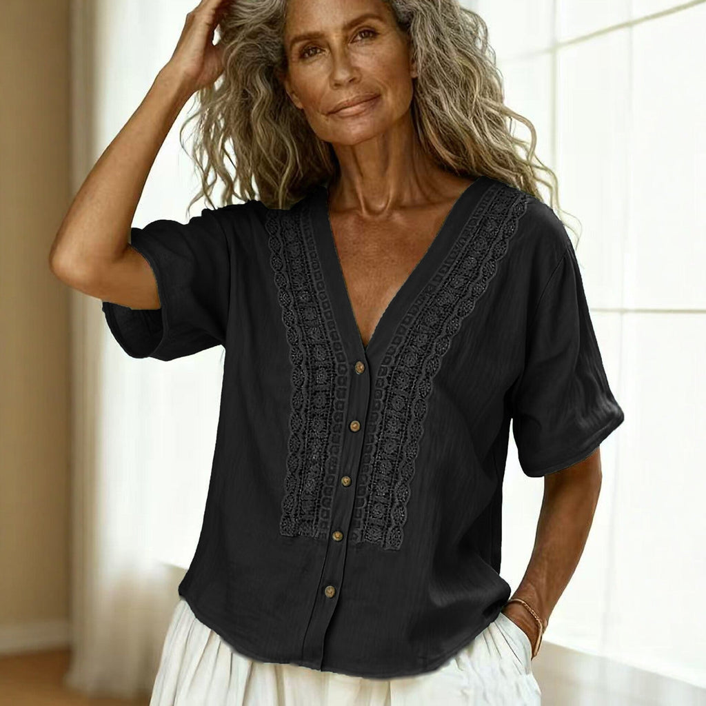 Women's Loose-Fit Faux Linen Embroidered Button-Up Top