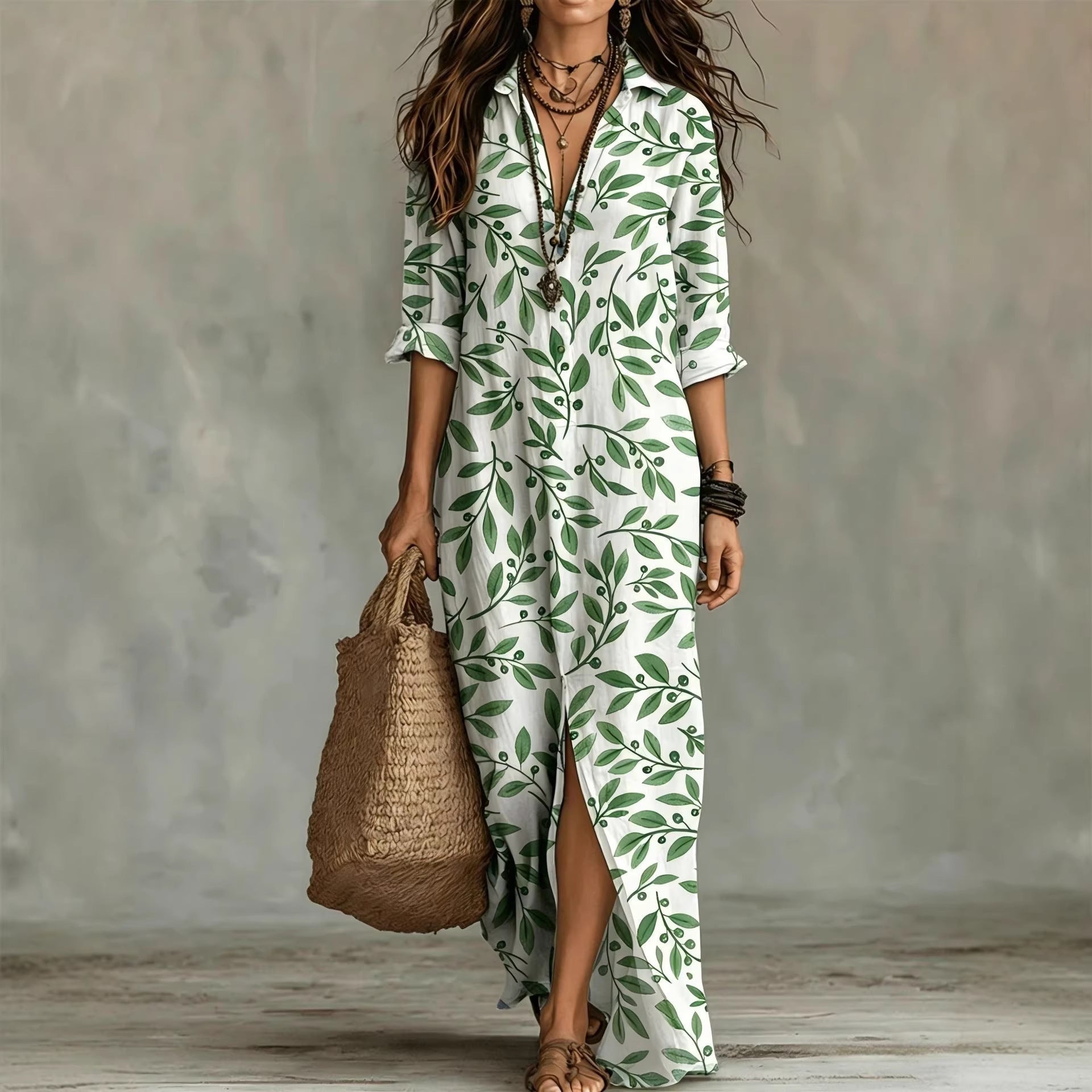 Digital Print Lapel Midi Shirt Dress – 5 Colors, S–3XL