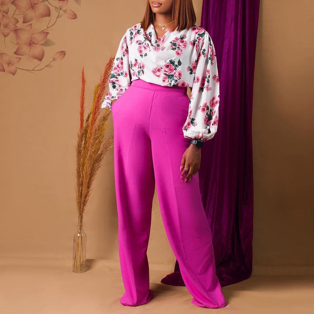 Printed Floral Lace-Up Top & Wide-Leg Pants Set – 4 Colors, S–3XL