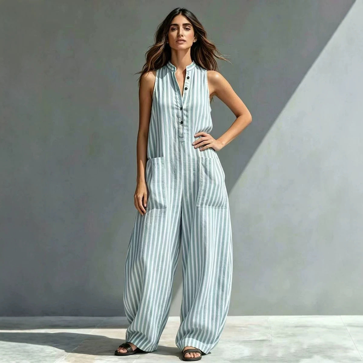 V-Neck Sleeveless Striped Loose Cropped Jumpsuit | 3 Colors S–3XL