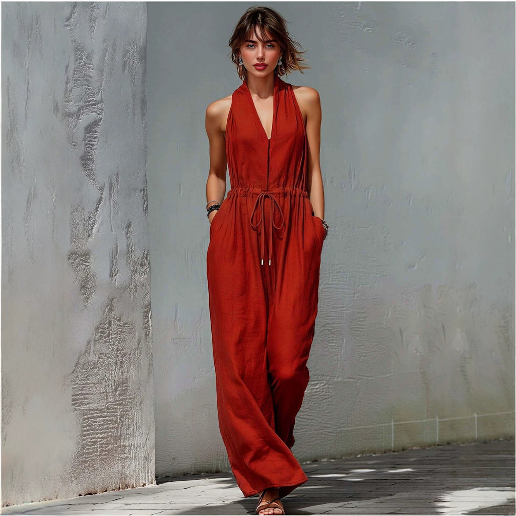 Women's Sleeveless Halter Neck Solid Color Long Jumpsuit