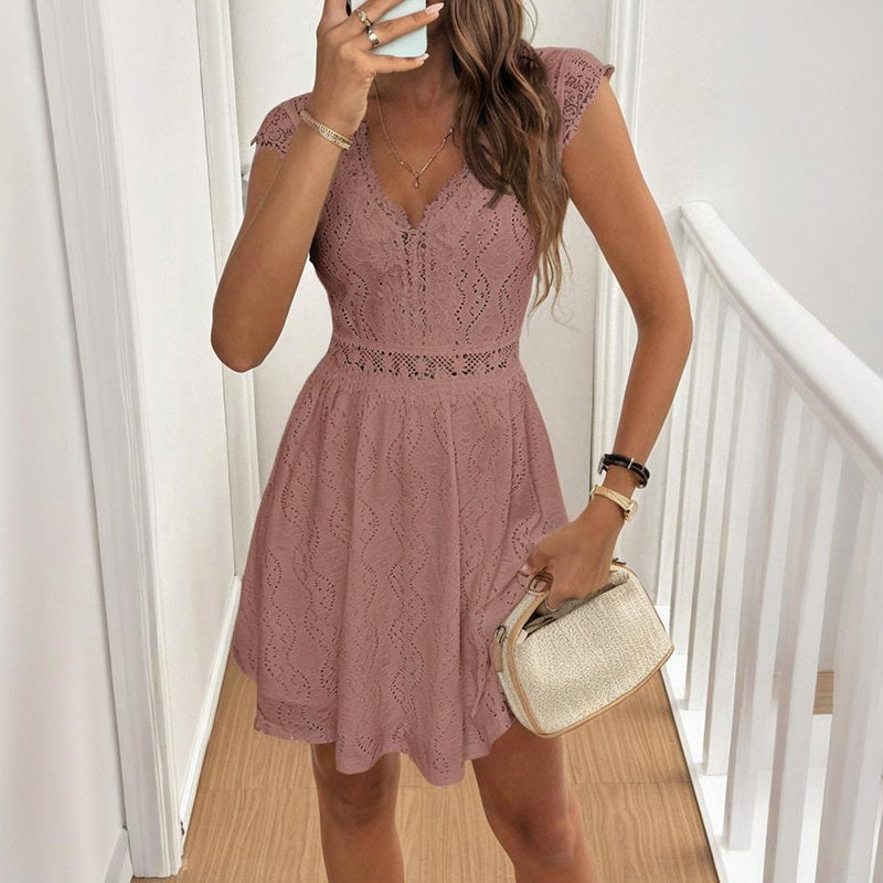 Women’s V‑Neck Short‑Sleeve Dress with Lace Trim