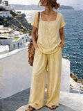 Women's Square-Neck Short-Sleeve Pantsuit – Cotton Blend Two-Piece Set