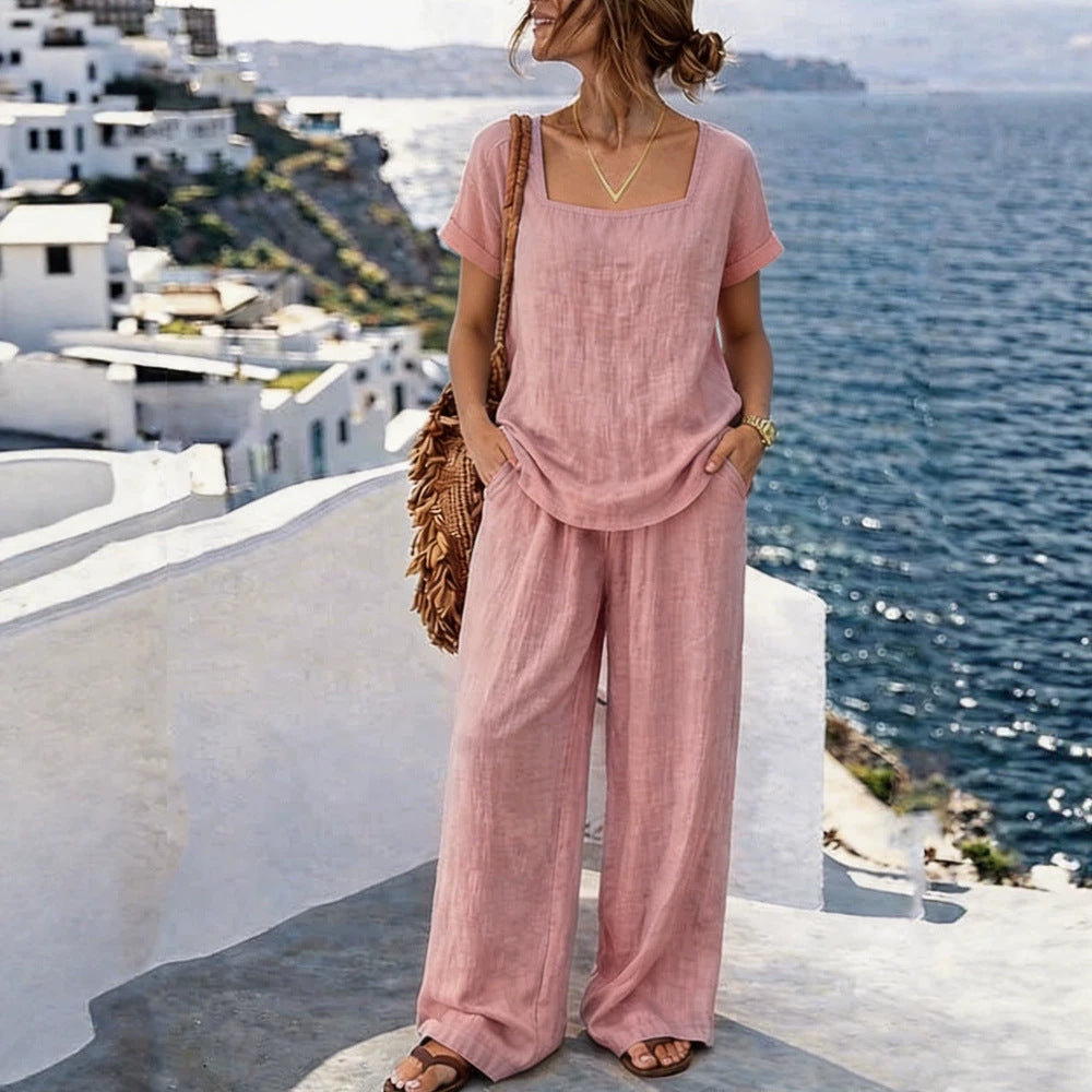 Women's Square-Neck Short-Sleeve Pantsuit – Cotton Blend Two-Piece Set