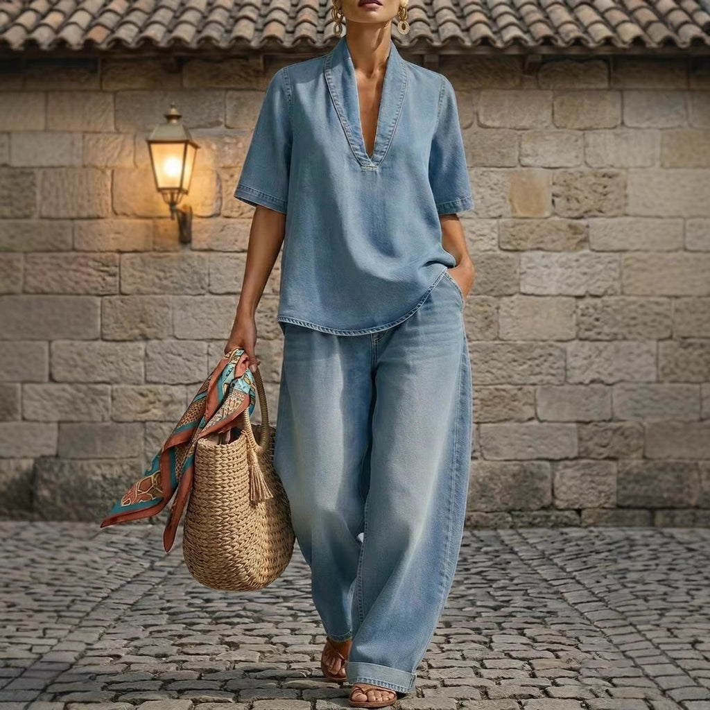 Retro V-Neck Washed Denim Top & Wide-Leg Pants Set – 3 Colors, S–3XL