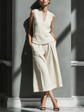 Women's Sleeveless Linen Shirt & Cropped Pants Set – Casual 2-Piece Outfit