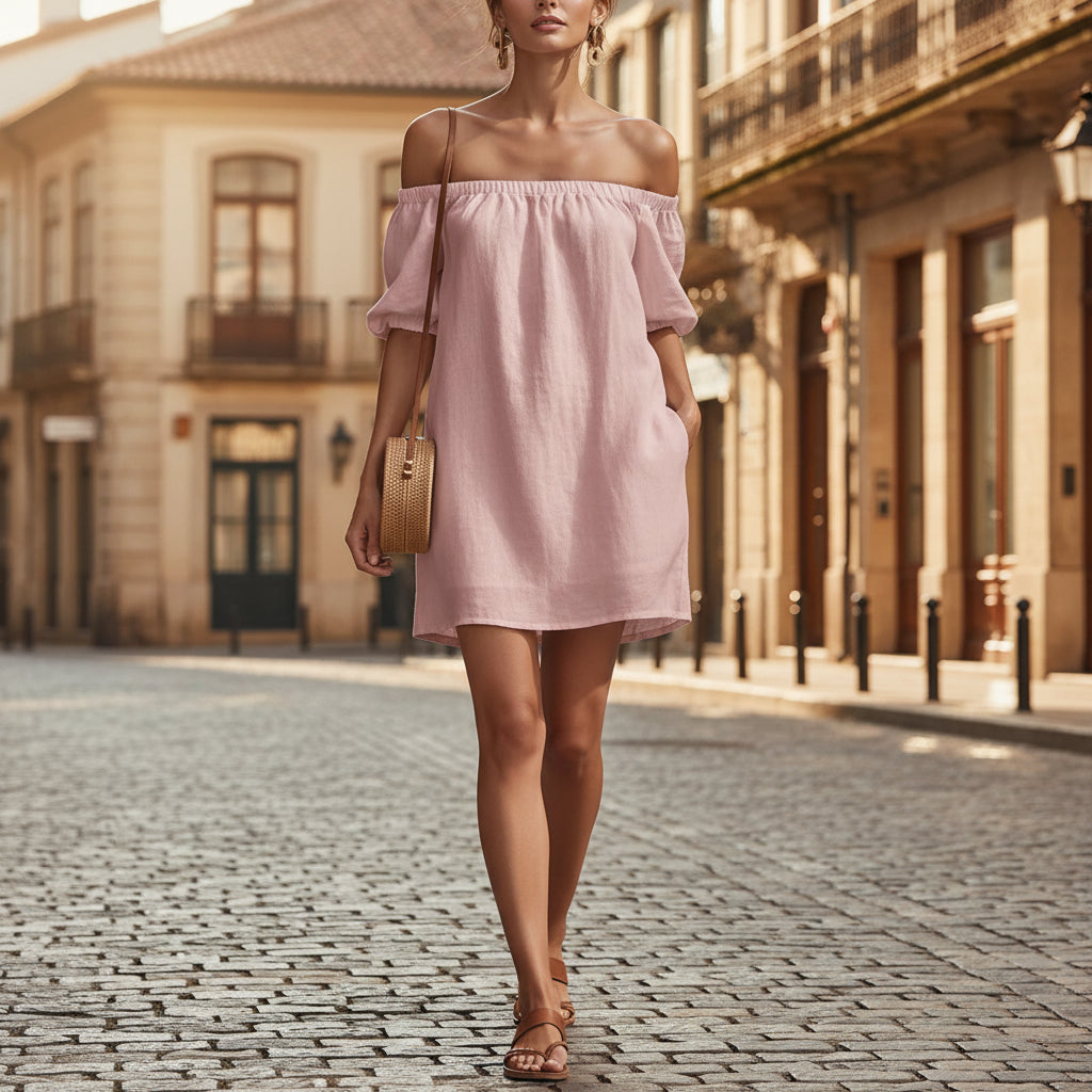 Women's Cotton-Linen Off-Shoulder Puff-Sleeve Loose Mini Dress