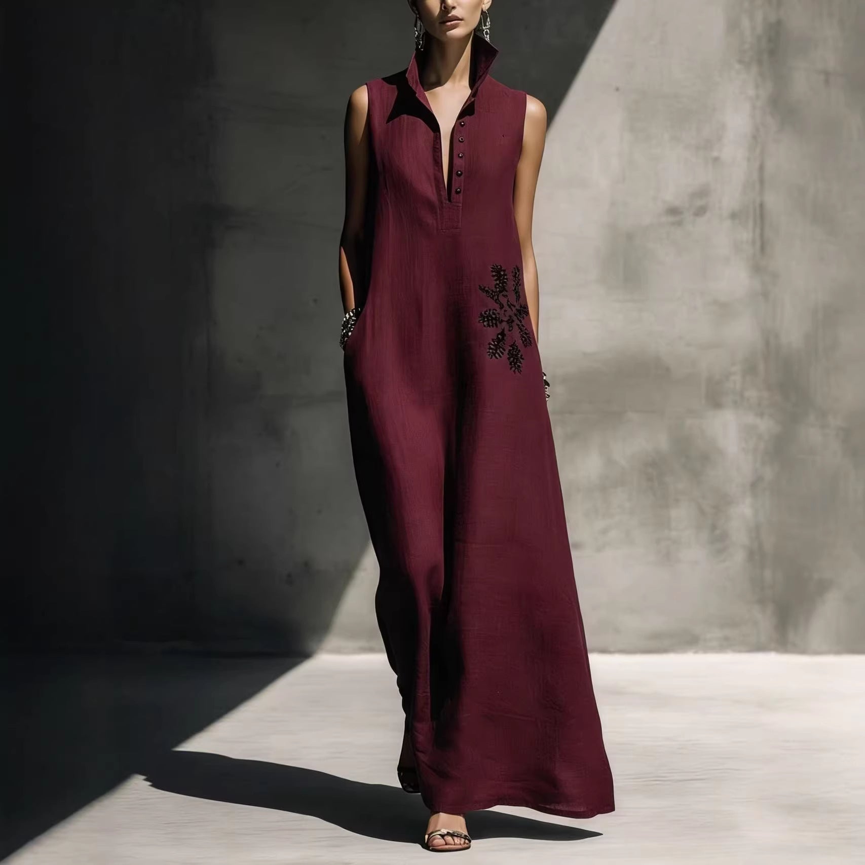 Women's Cotton Linen Mandarin Collar Maxi Dress – Graphic Print with Pockets