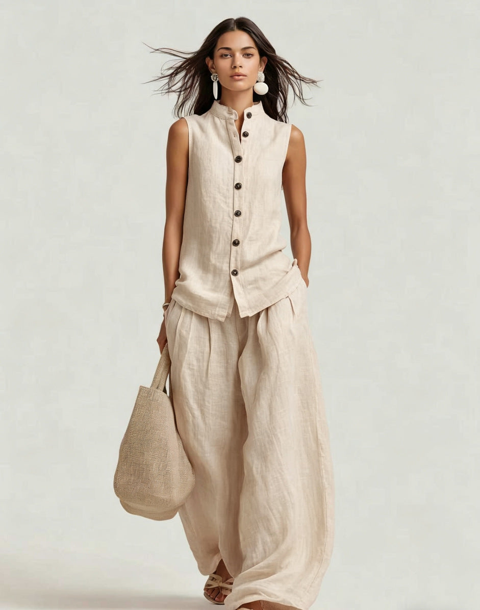 Women's Stand Collar Sleeveless Top & High-Waist Wide-Leg Pants Set