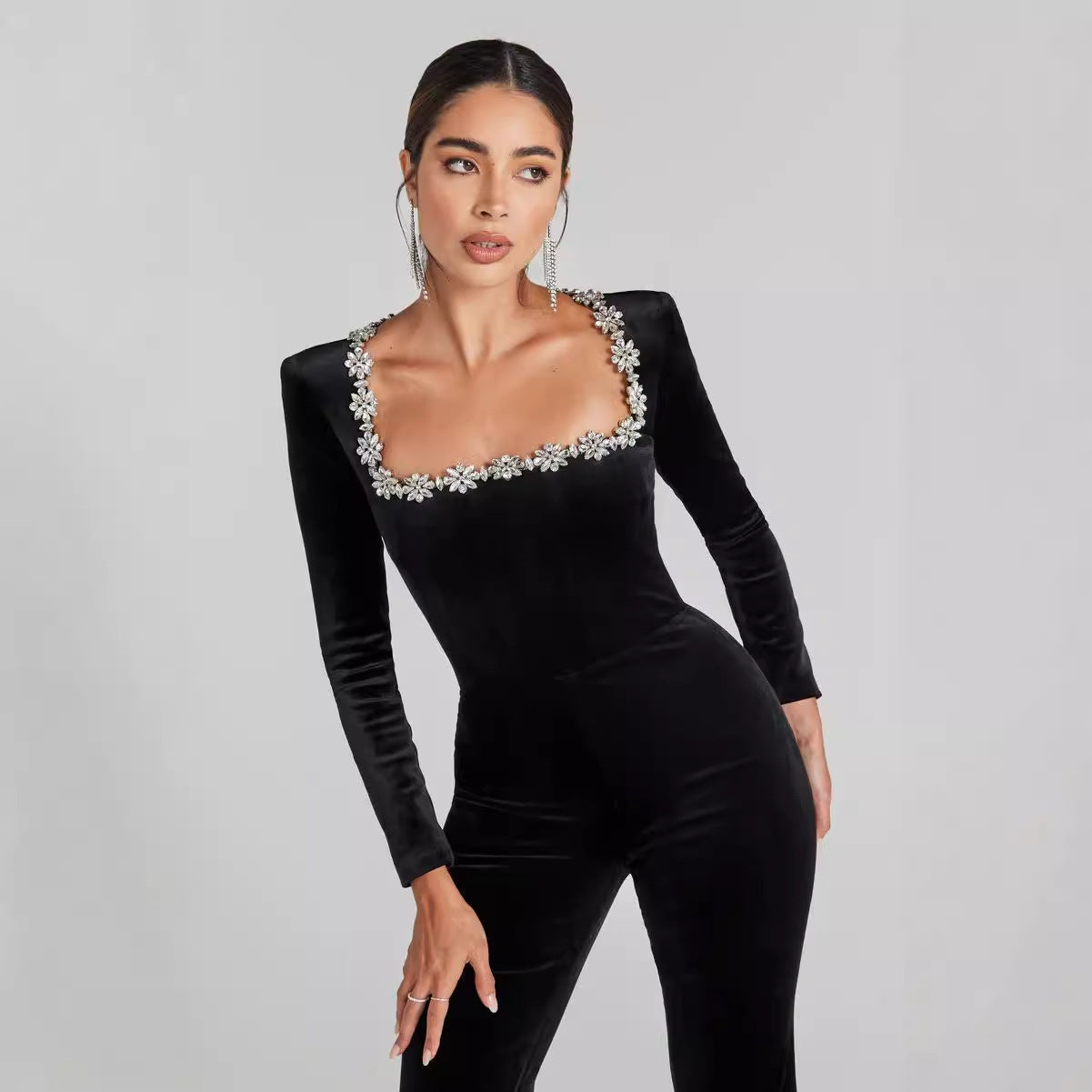 Women’s Diamond-Encrusted Square-Collar Flared Jumpsuit