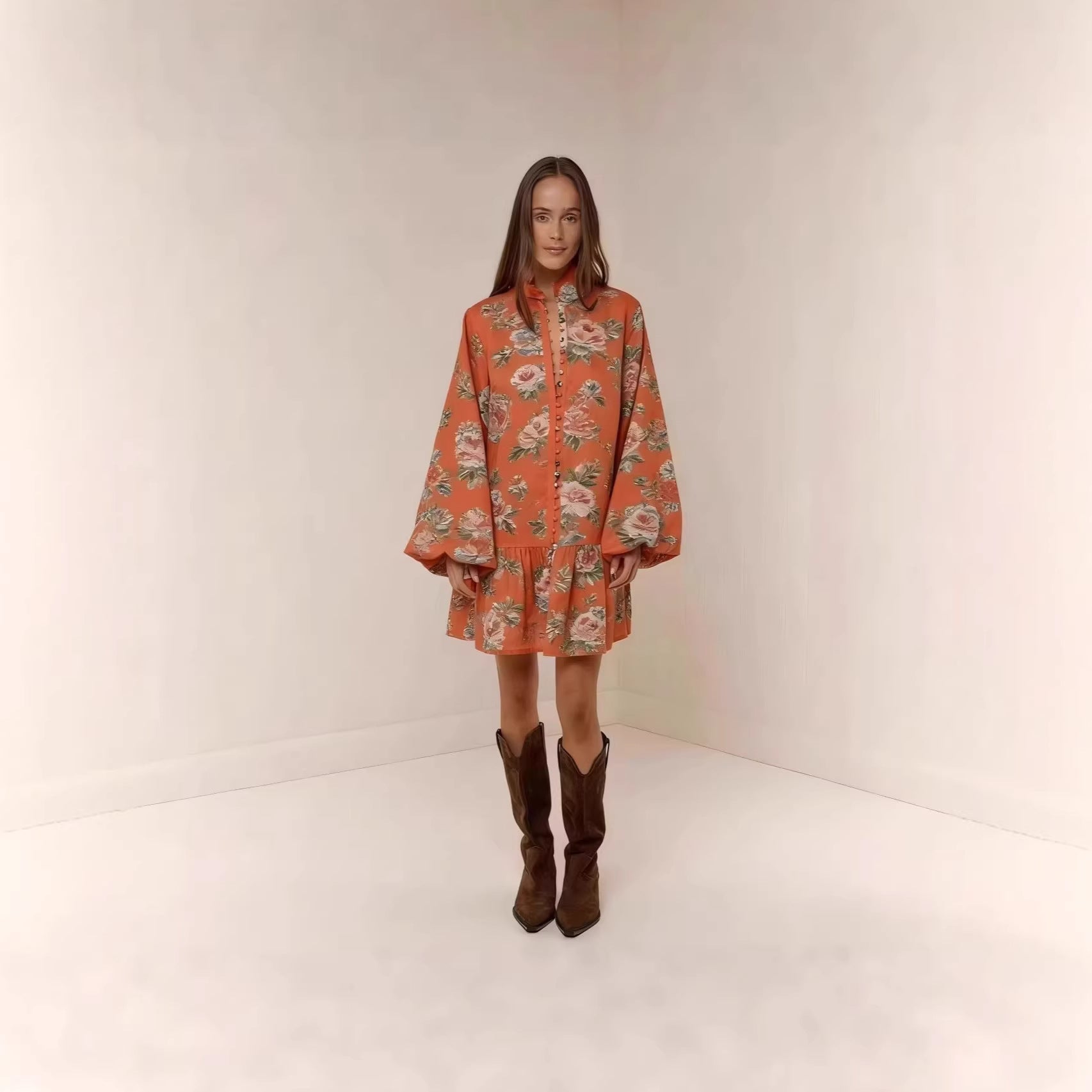 Digital Print Lantern Sleeve Linen Midi Dress – Loose Fit Pullover